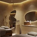 Serene Massage Room with Wooden Framed Beds White Towels Beige Walls and Soft Lighting