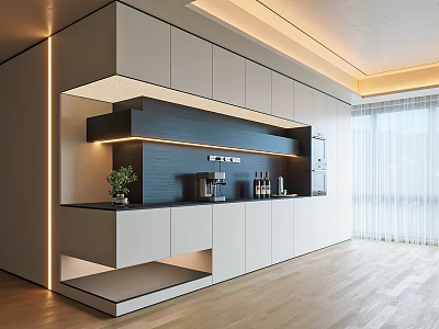 Modern Minimalist Sideboard With White Cabinets Black Countertop And Lighting Design 3d model