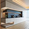 Modern Minimalist Sideboard With White Cabinets Black Countertop And Lighting Design