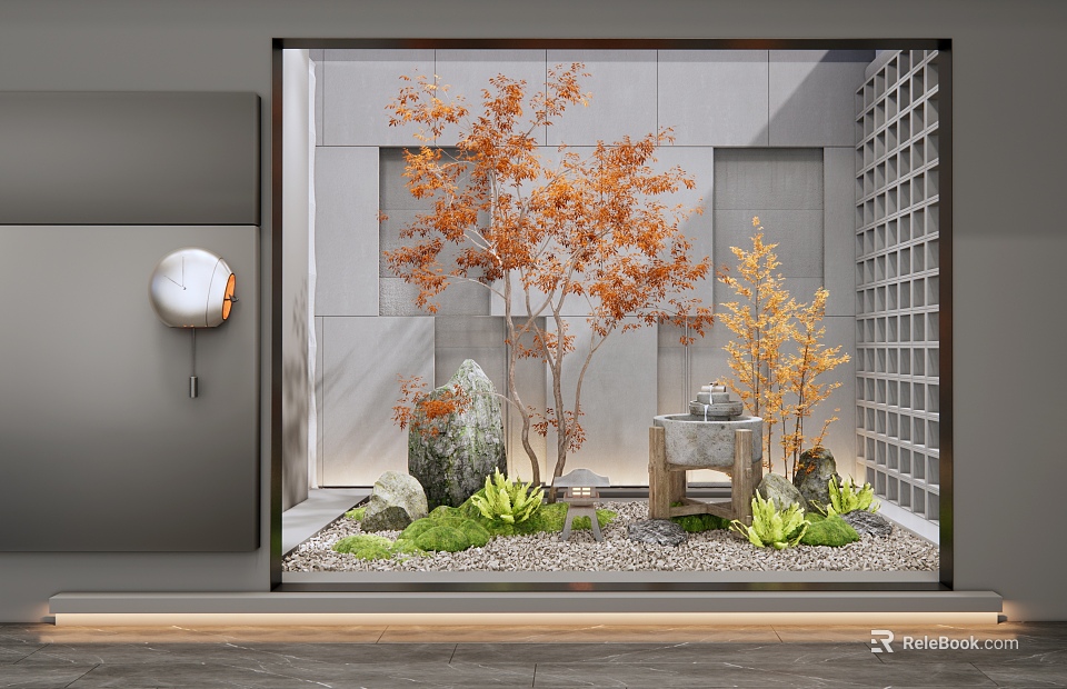 Serene Indoor Landscape Featuring Orange Maple Tree Rock Wooden Seat Green Plants and Grid Window 3d model 