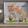 Serene Indoor Landscape Featuring Orange Maple Tree Rock Wooden Seat Green Plants and Grid Window