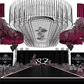 Wedding Banquet Stage With Pink Drapery White Tables Chairs And Flower Decorations