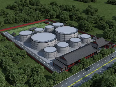 Industrial Plant With Large Storage Tanks Surrounded By Green Trees And Traditional Style Buildings 3d model