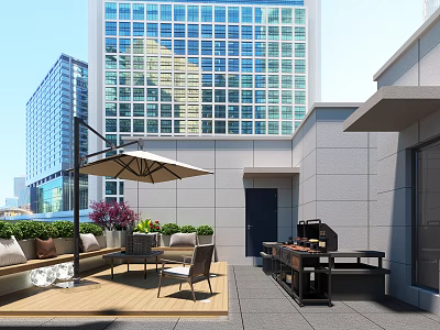 Rooftop Terrace Wooden Deck With Outdoor Furniture Umbrella Grill Plants And High Rise Views 3d model