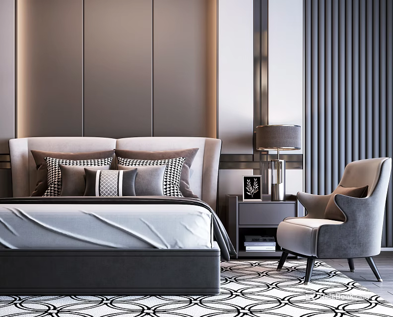 Elegant Modern Background Double Bed With Plush Pillows Table Lamp And Accent Chair 3d model 