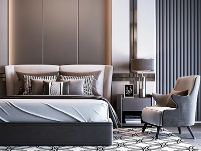 Elegant Modern Background Double Bed With Plush Pillows Table Lamp And Accent Chair 3d model