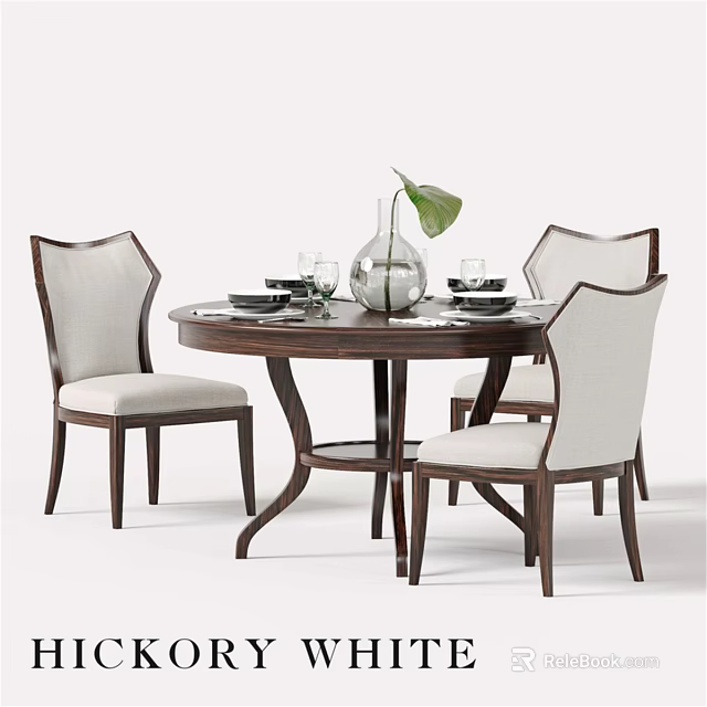 Round Wooden Dining Table And Upholstered Chairs Set With Vase Plates And Glasses 3d model 