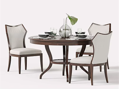 Round Wooden Dining Table And Upholstered Chairs Set With Vase Plates And Glasses 3d model