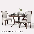 Round Wooden Dining Table And Upholstered Chairs Set With Vase Plates And Glasses