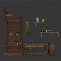 Wooden Furniture Display With Cabinet Console Table Wall Shelves Plants Decorations And Woven Basket