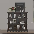 Stylish Dark Wood Entryway Console Table With Shelves And Decorative Items 3d model