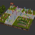 Cartoon Scene with Many People Doing Various Activities Around Pavilion Small Hut Green Trees and Grass