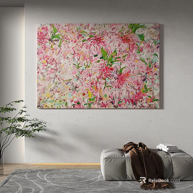 Abstract Painting With Pink Flowers Green Leaves For Home Wall Decor 3d model 