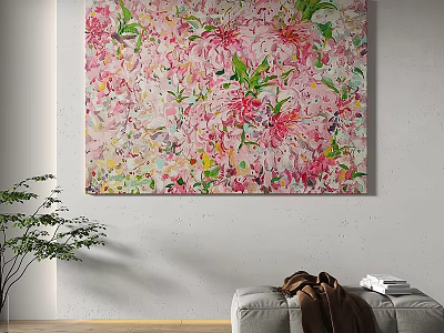 Abstract Painting With Pink Flowers Green Leaves For Home Wall Decor 3d model