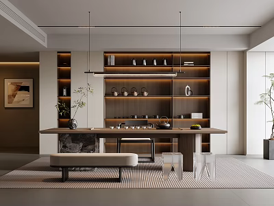 Modern Tea Room Interior With Wooden Table Tea Sets Shelves Hanging Lights And Plants 3d model