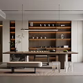 Modern Tea Room Interior With Wooden Table Tea Sets Shelves Hanging Lights And Plants