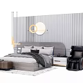 Cozy Double Bed With Gray White Bedding Nightstands Table Lamps Striped Wallpaper And Black Armchair