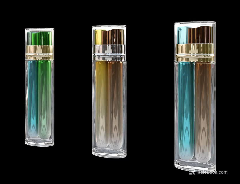 Perfume Cosmetics Transparent Bottles With Different Colored Liquids Gold And Transparent Caps On Black Background 3d model 