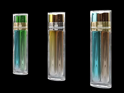Perfume Cosmetics Transparent Bottles With Different Colored Liquids Gold And Transparent Caps On Black Background 3d model