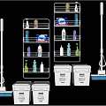 Household Cleaning Supplies Storage With Metal Wire Racks White Buckets And Mop