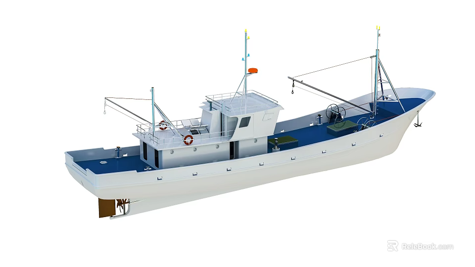 White Hull Fishing Boat With Blue Deck Wheelhouse Lifebuoy And Antennas 3d model 