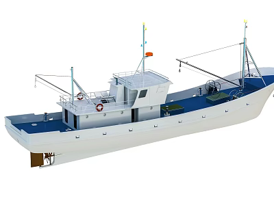 White Hull Fishing Boat With Blue Deck Wheelhouse Lifebuoy And Antennas 3d model
