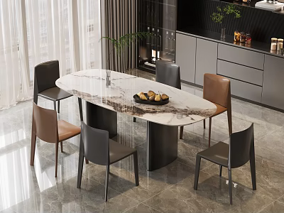 Modern Luxury Dining Table Set With Oval Marble Top And Grey Brown Chairs 3d model
