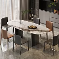 Modern Luxury Dining Table Set With Oval Marble Top And Grey Brown Chairs