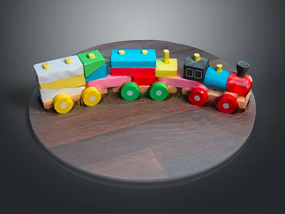 Colorful Wooden Toy Train on Round Wooden Table with Multicolored Wheels 3d model