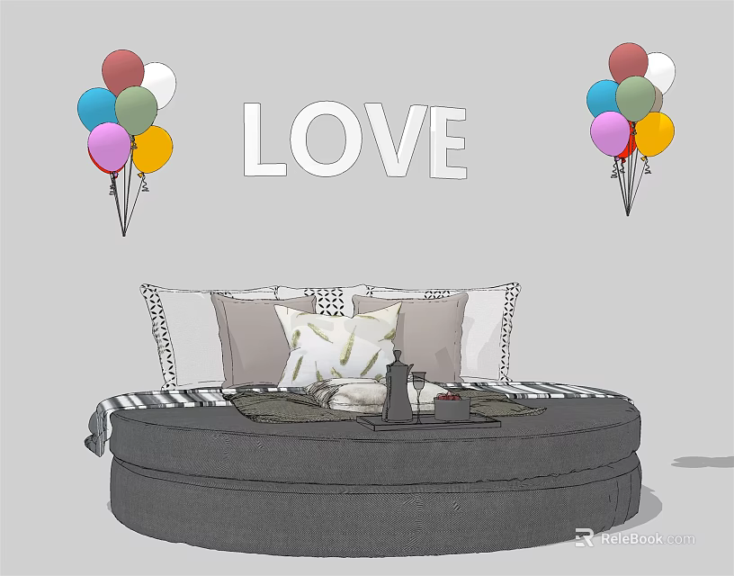 Round Bed Design With LOVE Letter Decor And Colorful Balloons And Pillows 3d model 