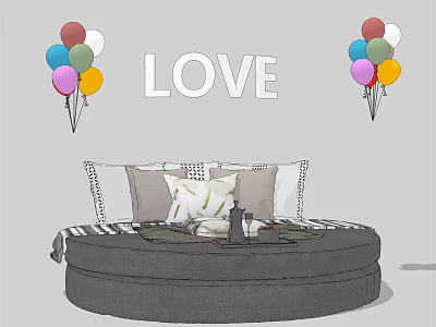 Round Bed Design With LOVE Letter Decor And Colorful Balloons And Pillows 3d model