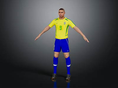 Brazilian Football Player In Yellow Jersey And Blue Shorts With Number 9 Standing On Gray Background 3d model