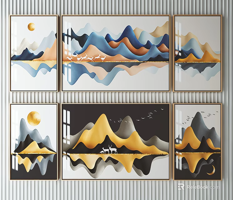 Modern Abstract Mountain Decorative Paintings With Moon Reflections Birds And Deer 3d model