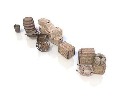 Wooden Daily Necessities Storage Containers Including Barrels Crates Baskets And Rope 3d model