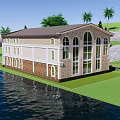 Modern Office Building With Arched Windows Green Lawn Trees And Waterfront View