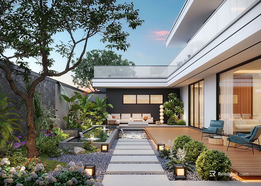 Modern Garden Courtyard With Stone Path Lush Plants Outdoor Seating And Lighting 3d model 