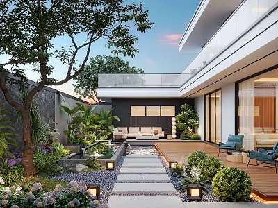 Modern Garden Courtyard With Stone Path Lush Plants Outdoor Seating And Lighting 3d model