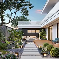 Modern Garden Courtyard With Stone Path Lush Plants Outdoor Seating And Lighting