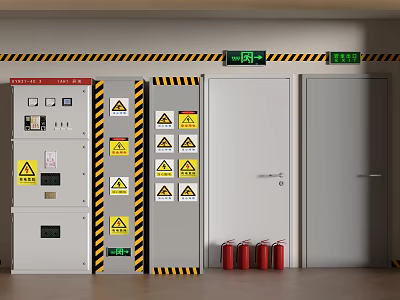 Industrial Fire Equipment Setup With Warning Signs Stripes Extinguishers And Exit Doors 3d model