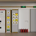 Industrial Fire Equipment Setup With Warning Signs Stripes Extinguishers And Exit Doors
