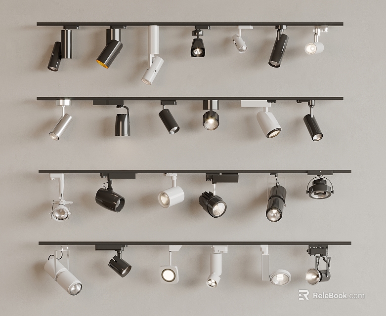 Various Track Mounted Black and White Downlights and Spotlights for Lighting 3d model 