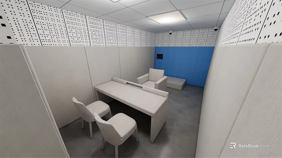 Minimalist Lounge Area Interior With White Table Chairs Blue Wall And Perforated Panels 3d model 