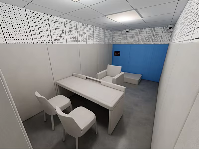 Minimalist Lounge Area Interior With White Table Chairs Blue Wall And Perforated Panels 3d model