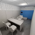 Minimalist Lounge Area Interior With White Table Chairs Blue Wall And Perforated Panels