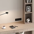 Modern Home Office Desk With Desk Lamp Comfortable Chair Wooden Bookshelf And Cup On Top