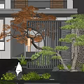 Modern Japanese Garden With Maple Pine Trees Lattice Screen Stone Lantern And White Sculpture