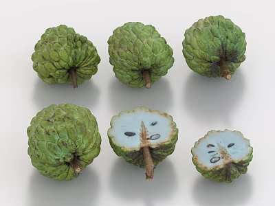 Ripe Green Sugar Apples Showing Whole And Sliced Sections With White Pulp 3d model