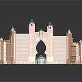 Luxury Hotel Building With Symmetrical Towers Arch Green Spires And Blue Decoration