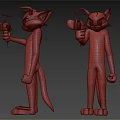Two Gray Cat Characters With Red Horns And Halos Holding Small Mice In 3D Design