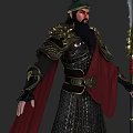 A Man In Ancient Ornate Warrior Armor With Red Cape Holding Long Sword 3d model